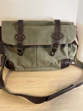 Olive Canvas Messenger Bag with Dark Brown Leather Accents